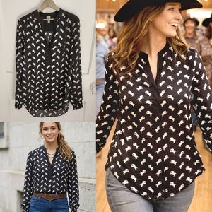 Tristan Satin Horse Blouse Black White Western Chic Top Size Medium